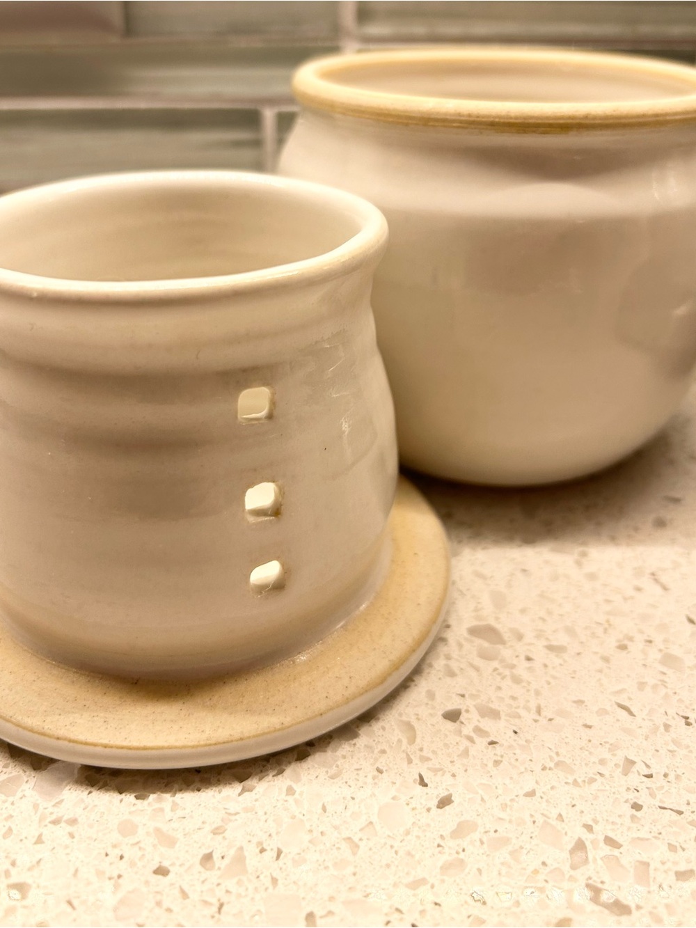 French Handmade warm white Butter crock/Butter Bell